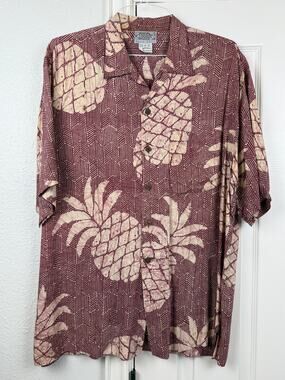 Back East Mens Pineapple Batik Hawaiian Shirt Size L Maroon Cream Aloha Resort